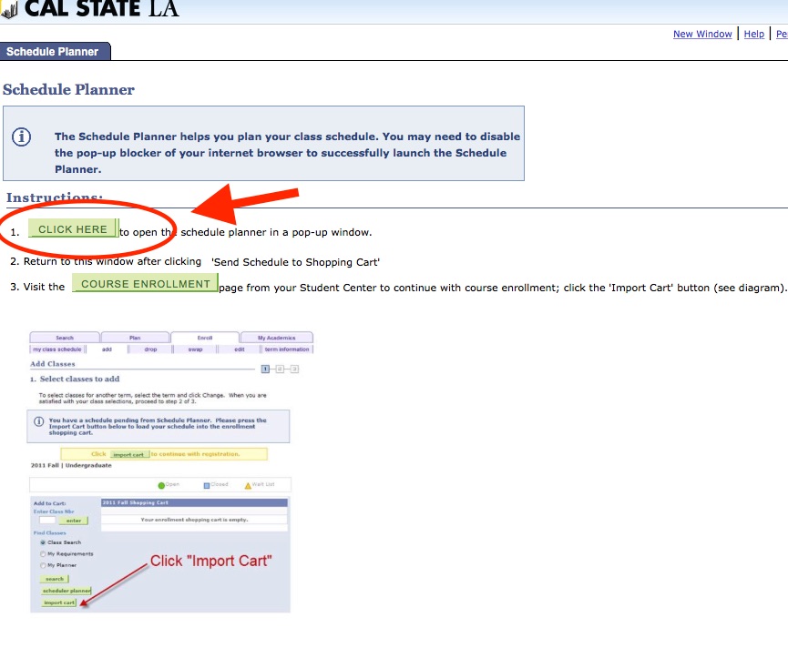 Screenshot of Schedule Planner launch screen with button labeled CLICK HERE that links to Schedule Planner